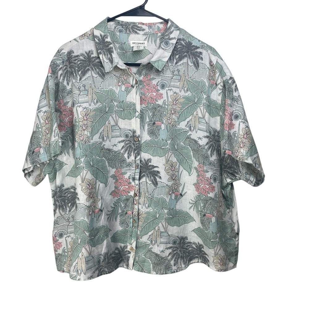 Artisan New York 100% Linen Tropical Resort Ladies Short Sleeve Shirt Size XL